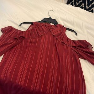 Wayf Burgandy/wine cold/drop shoulder sheer lined bodice long sleeve